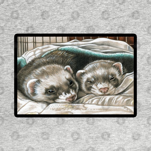 Napping Ferret Buddies - Black Outlined Version by Nat Ewert Art